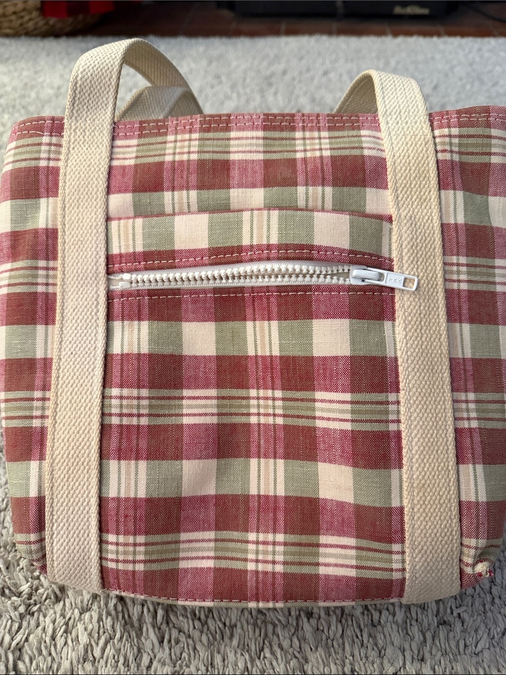 Caloosa canvas Plaid small Tote in Red/cream/sage plaid, flannel, beach, daily